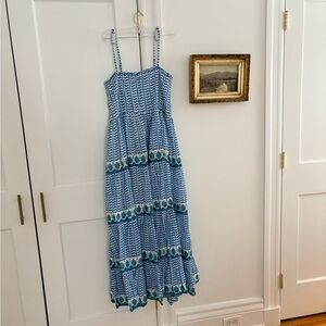 Oliphant Marley blue and white smocked back maxi Dress
